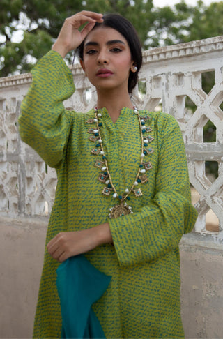 Manto Women's Stitched 1 Piece Premium Lawn Khayaal Kurta Lime Green with Blue Calligraphed with Poetry by Saadat Hasan Manto