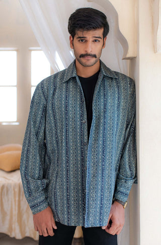 Manto Unisex Ready to Wear Front Open Button Down Kaavish Overshirt Teal Blue Featuring Poetry of Jigar Murad Abadi