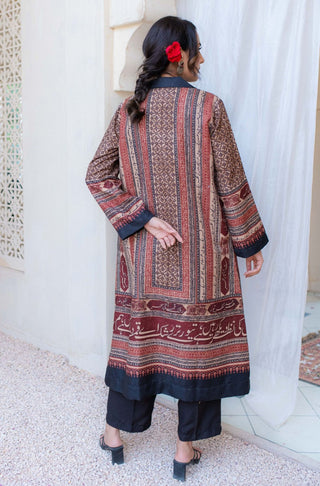 Manto Women's Stitched 1 Piece Jacquard Outerwear Front Open Rashk Coat Shrug Maroon Featuring Urdu Calligraphy of Poetry by Daagh Dehelvi