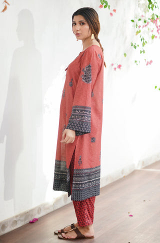 Manto Women's Stitched 2 Piece Matching Lawn Uraan Rust & Black Co-ord Set Calligraphed with Words of Kaif Moradaabadi