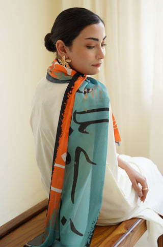 Manto Women's Stitched 1 Piece Crinkle SIlk Uns Stole Blue & Orange Featuring Urdu Calligraphy of Poetry by Jaun Elia
