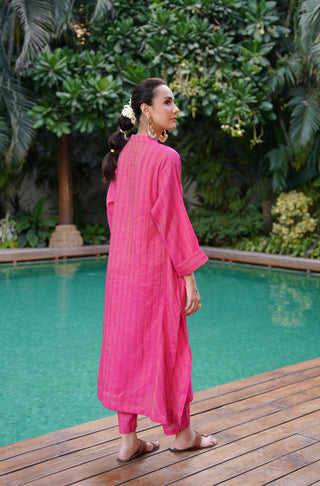 Manto Woman's Stitched Yarn Dyed 2 Piece Matching Sunehri Co-Ord Set Fuchsia with A-Line Kurta & Straight Trouser Pants