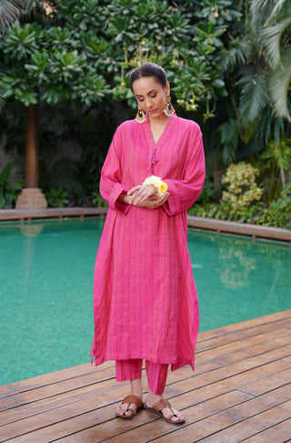 Manto Woman's Stitched Yarn Dyed 2 Piece Matching Sunehri Co-Ord Set Fuchsia with A-Line Kurta & Straight Trouser Pants