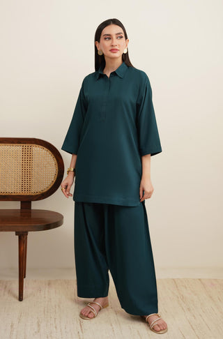 Raya Solid Teal Co-ord set is made from ultra-soft wash and wear material featuring short shirt with collar and placket details and shalwar with relaxed fit