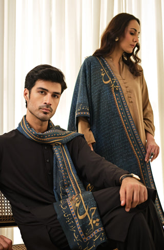 Manto's Unisex Double Sided Blue Chiragh Stole featuring Urdu Calligraphy