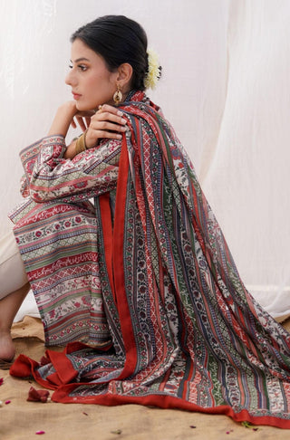 Shopmanto, wear manto pakistani clothing brand, manto ready to wear women one piece printed swiss lawn brick red gulistan stripes urdu dupatta odhni featuring poetry of allama iqbal calligraphed on dupatta