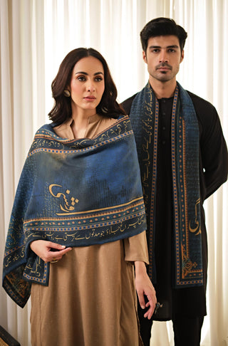 Manto's Unisex Double Sided Blue Chiragh Stole featuring Urdu Calligraphy