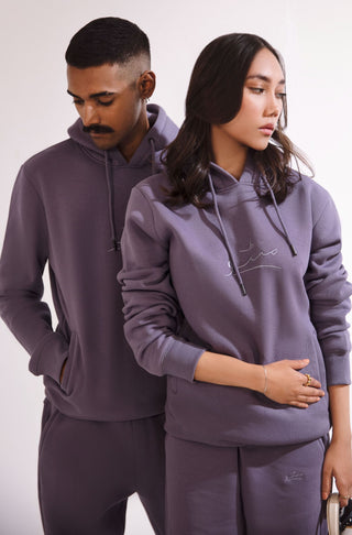 Manto, Pakistan's Most Comfy Ready to Wear Unisex Triple Layered Premium Fleece Ash Lavender Pullover Hoodie with Urdu Manto Logo & Hood Paired with Ash Lavender Jogger Pants