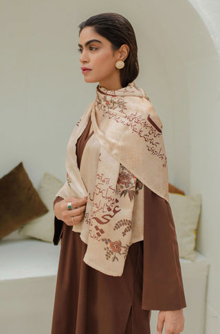 Shopmanto, Pakistani urdu calligraphy clothing brand, wear manto ready to wear women antique beige chaman printed crepe silk scarf stole with urdu calligraphy