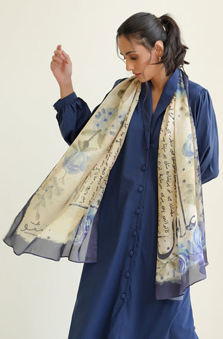 Shopmanto, wear manto pakistani clothing brand, manto ready to wear women one piece gulaab blue and cream crepe silk urdu stole scarf featuring poetry of allama iqbal calligraphed on scarf