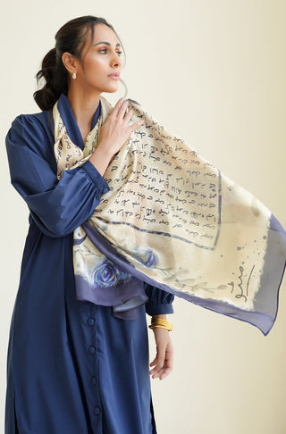 Shopmanto, wear manto pakistani clothing brand, manto ready to wear women one piece gulaab blue and cream crepe silk urdu stole scarf featuring poetry of allama iqbal calligraphed on scarf