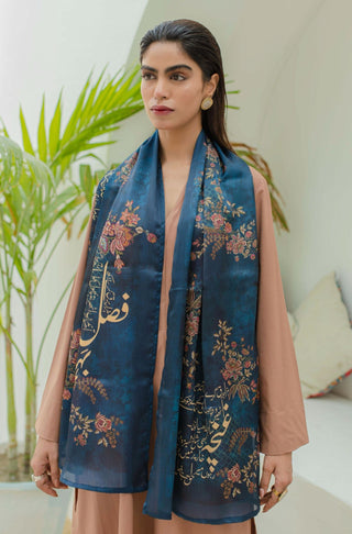 Shopmanto, Pakistani urdu calligraphy clothing brand, wear manto ready to wear women midnight blue chaman printed crepe silk urdu scarf stole