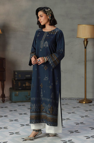 Manto Women's 1 Piece Ready to Wear Blue Jacquard Kurta featuring Urdu Calligraphy