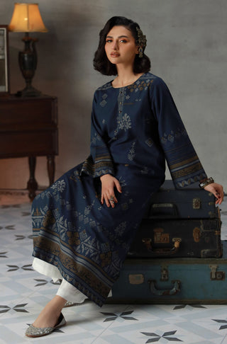 Manto Women's 1 Piece Ready to Wear Blue Jacquard Kurta featuring Urdu Calligraphy