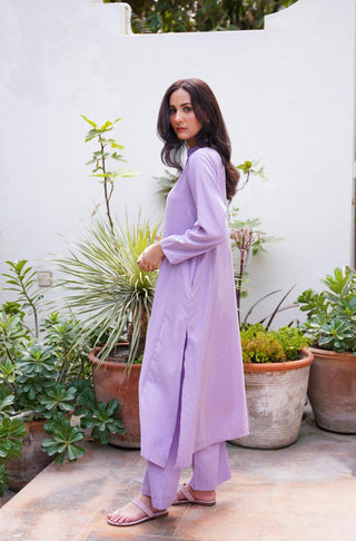 Manto Women's Ready to Wear 2 Piece Matching Solid Kalidaar Co-ord Set Soft Lavender with A-line Long Kurta & Straight Trouser Pants Made from BREEZE® Technology Butter Fabric