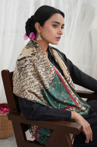 Shopmanto, wear manto pakistani clothing brand ready to wear black and beige women arz-e-watan silk stole scarf urdu scarf with urdu calligraphy, scarf inspired by pakistan