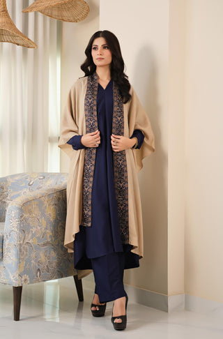 Manto Unisex Ready To Wear Acrylic Wool Outerwear Dariya Cape Beige & Blue Featuring Poetry of Natiq Lakhnavi