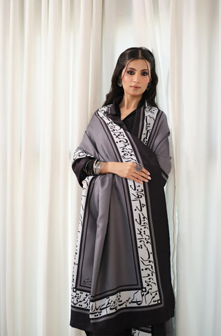 Shop manto, wear manto pakistani clothing brand ready to wear grey hayaat unisex shawl with urdu poetry featuring poetry by Mir Taqi Mir