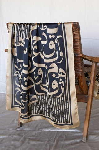 Shopmanto, wear manto pakistani clothing brand, manto ready to wear men women unisex black huroof crepe silk scarf stole with calligraphed random urdu letters