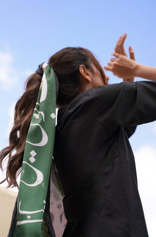 Shopmanto, wear manto pakistani clothing brand ready to wear green, black and white women azaadi silk stole scarf urdu stole scarf with urdu calligraphy