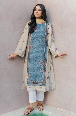 Manto Women's Ready To Wear Phool Khaddar Long Kurta Shirt Blue & Beige with Urdu Calligraphy of Poetry by Jigar Murad Abadi & Sahir Ludhianvi