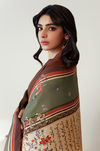 Manto Women's Stitched 1 Piece Cotton Silk Phool Odhni Shawl Beige & Green with Urdu Calligraphy of Poetry by Jigar Murad Abadi & Sahir Ludhianvi