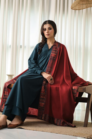 Manto Women's Stitched 1 Piece Manzil Shawl Maroon Featuring Urdu Calligraphy of Poetry by Allama Iqbal