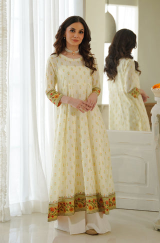 Manto's Printed Women Cream Anarkali with Urdu Calligraphy Paired with White Wide Leg Ijaar Pants