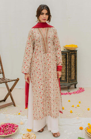 Manto Women's Ready To Wear Lawn 1 Piece Roshni Kurta Long Shirt Beige & Red Calligraphed with Random Urdu Words