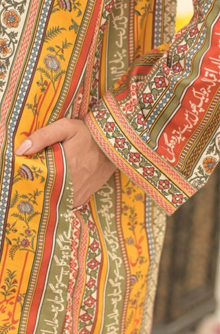 Shopmanto, wear manto pakistani clothing brand, manto ready to wear women one piece mustard gulistan stripes long printed urdu lawn kurta featuring poetry of allama iqbal calligraphed through out the kurta