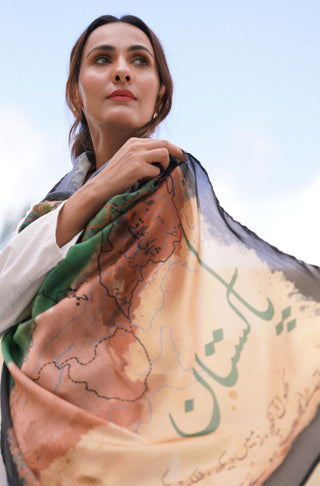 Manto Women's Stitched 1 Piece Crinkle Silk Pehchaan Scarf Illustrating the Map of Pakistan with Urdu Calligraphy of Poetry by Allama Iqbal