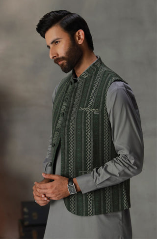 Manto Men's 1 Piece Ready to Wear Green Khaddar Waistcoat featuring Urdu Calligraphy