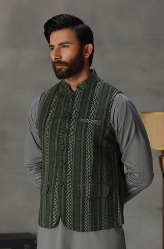 Manto Men's 1 Piece Ready to Wear Green Khaddar Waistcoat featuring Urdu Calligraphy