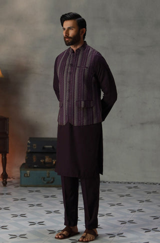 Manto Men's 1 Piece Ready to Wear Purple Khaddar Waistcoat featuring Urdu Calligraphy