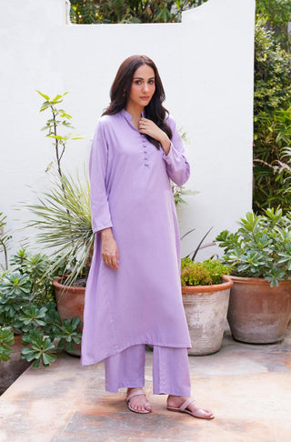 Manto Women's Ready to Wear 2 Piece Matching Solid Kalidaar Co-ord Set Soft Lavender with A-line Long Kurta & Straight Trouser Pants Made from BREEZE® Technology Butter Fabric