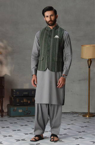 Manto Men's 1 Piece Ready to Wear Green Khaddar Waistcoat featuring Urdu Calligraphy