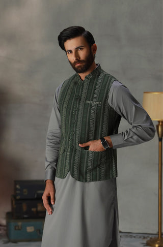 Manto Men's 1 Piece Ready to Wear Green Khaddar Waistcoat featuring Urdu Calligraphy