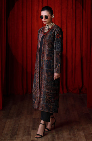 Manto Women's 1 Piece Ready to Wear Outerwear Front Open Long Velvet Coat with Urdu Calligraphy