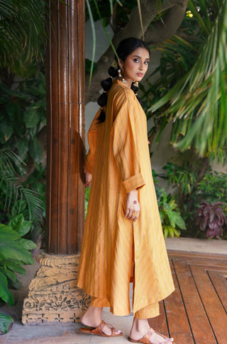 Manto Woman's Stitched Yarn Dyed 2 Piece Matching Sunehri Co-Ord Set Mustard with A-Line Kurta & Straight Trouser Pants