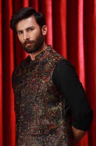 Manto Men's 1 Piece Ready to Wear Outerwear Velvet Waistcoat with Urdu Calligraphy