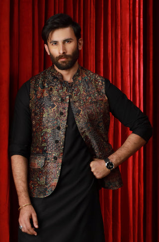 Manto Men's 1 Piece Ready to Wear Outerwear Velvet Waistcoat with Urdu Calligraphy