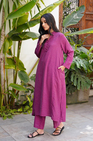 Manto Women's Ready to Wear 2 Piece Matching Solid Kalidaar Co-ord Set Berry Plum with A-line Long Kurta & Straight Trouser Pants Made from BREEZE® Technology Butter Fabric