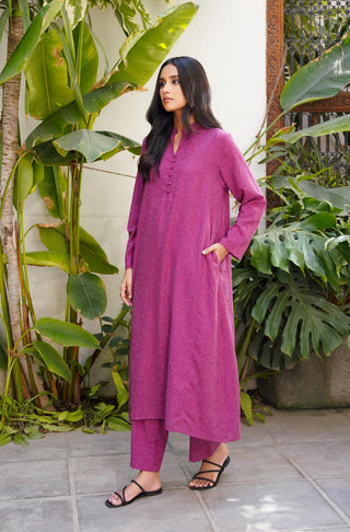 Manto Women's Ready to Wear 2 Piece Matching Solid Kalidaar Co-ord Set Berry Plum with A-line Long Kurta & Straight Trouser Pants Made from BREEZE® Technology Butter Fabric