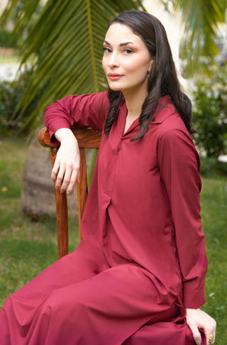 Shopmanto, Pakistani urdu calligraphy clothing brand, wear manto ready to wear women solid two piece matching coord wash n wear ruby red mira set with long kurta and straight pants