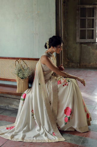 Manto Women's Roop Saree Beige & Pink with Urdu Calligraphy