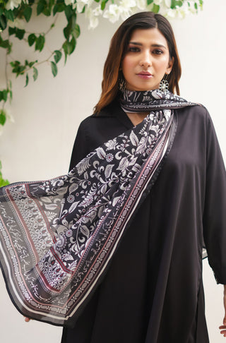 Manto Women's Stitched 1 Piece Crepe Silk Rich Black Nayaab Scarf Featuring Words of Altaf Hussain Hali