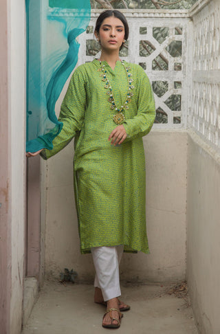Manto Women's Stitched 1 Piece Premium Lawn Khayaal Kurta Lime Green with Blue Calligraphed with Poetry by Saadat Hasan Manto