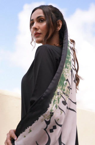 Shopmanto, wear manto pakistani clothing brand ready to wear green, black and white women azaadi silk stole scarf urdu stole scarf with urdu calligraphy