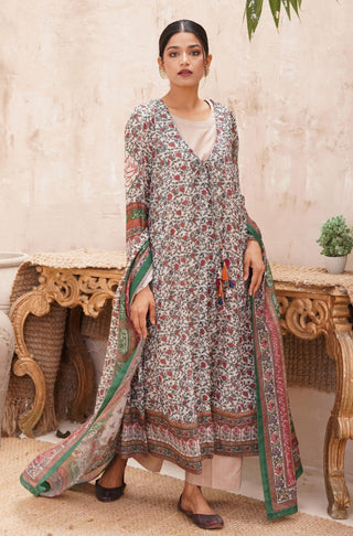 Shopmanto, Pakistani urdu calligraphy clothing brand, wear manto ready to wear women printed lawn one piece front open long green fitrat flared anarkali dress