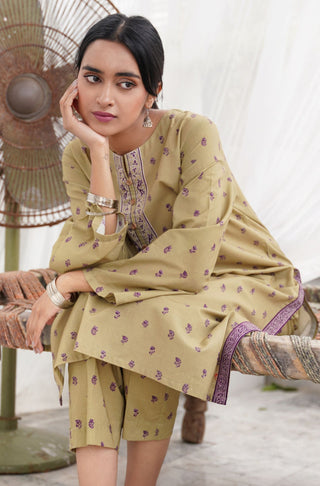 Manto Women's Ready to Wear Printed Lawn Matching 2 Piece Olive Green Qadr Co-ord Set with Long Kurta Shirt & Straight Trouser Pants